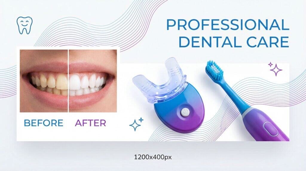 Before and after teeth whitening with dental care tools and toothbrush.